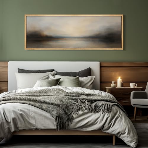 Large Framed Canvas Print Wall Art Abstract Landscape Neutral Tones Misty Horizon Illustrations Decorative Colorful for Bedroom