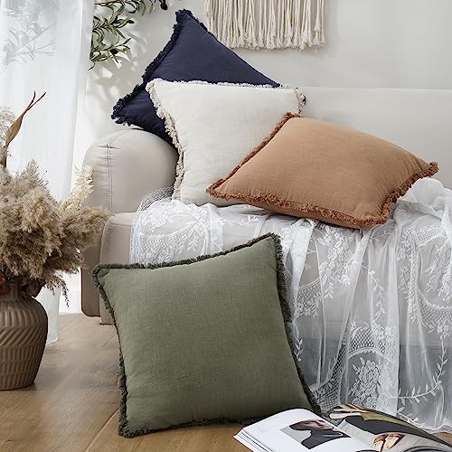 Decorative Linen Fringe Throw Pillow Covers 18×18 Olive Green (2 Count)