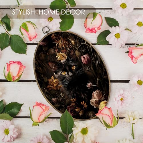 Gothic Dark Moody Black Cat Oval Wall Art Decor Framed for Cat Lovers