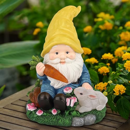 Solar Garden Outdoor Statues Gnome Feeding Rabbit with 6 LED Lawn Decor Outside Decorations for Patio