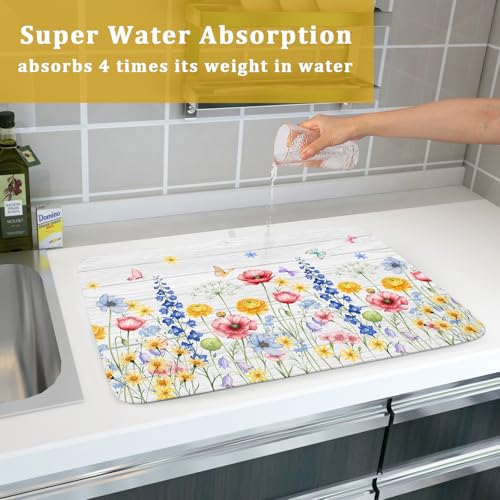 Spring Summer Dish Drying Mat for Kitchen Counter Farmhouse Watercolor Floral Super Absorbent Reversible Microfiber Kitchen Countertop Protector Dishes Pad Large 18x24 inch