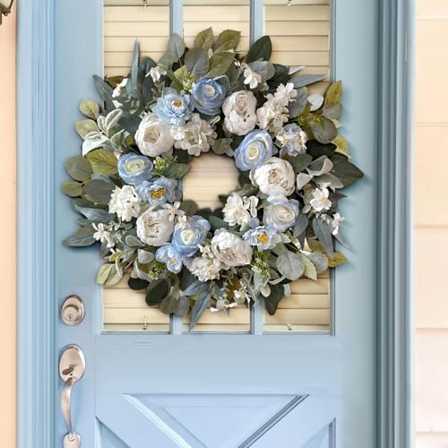 24 Inch Spring White Peony Wreath Baby Blue Rose Front Door