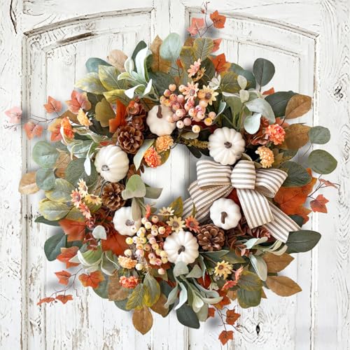 24 Inch Farmhouse Fall Wreath for Front Door with White Pumpkin