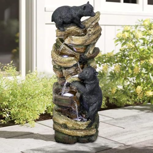 39.3 Inch 5 Tier Outdoor Garden Water Fountain Bears Climbing Tree Resin Fountain with LED Lights for Garden Patio Folding Patio Deck