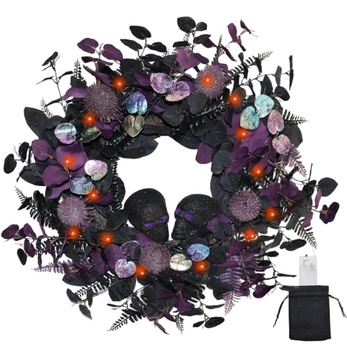 22" Lighted Halloween Wreath with 40 LEDs and Iridescent Eucalyptus