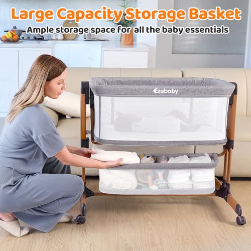 3-in-1 Baby Bassinet, Rocking Baby Bassinets Bedside Sleeper, Adjustable Portable Crib for Newborn Infant with Wheels Storage Basket and Mesh Sides