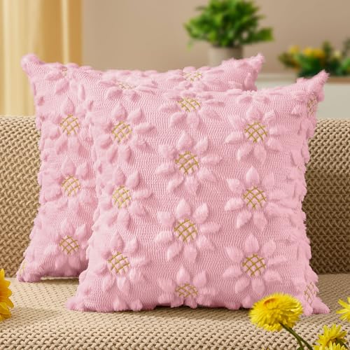 Spring Summer Pillow Covers 18x18 inch Set of 2 Pink Sunflower