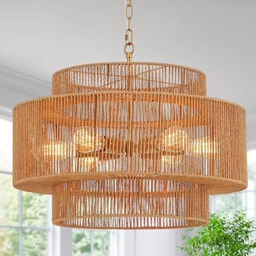 23.6" Large Gold Rattan Chandelier