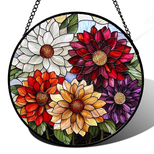 Stained Glass Window Hanging Color Dahlia Suncatcher Gifts for Women 6.3"