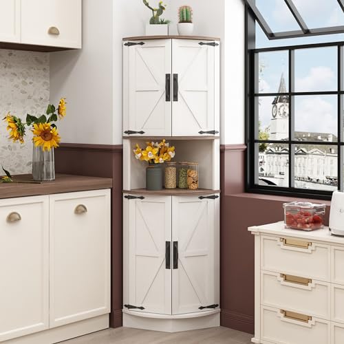 64.8" Tall Farmhouse Corner Cabinet with 4 Doors and 5 Storage Shelves