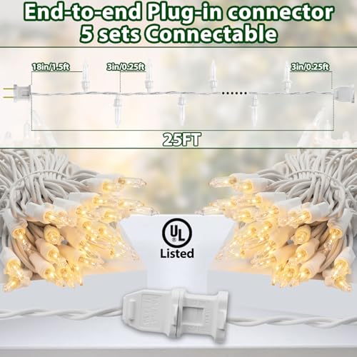 Clear Christmas Lights 25FT 100 Incandescent Bulbs Warm White Mini Lights with White Wire for Christmas Tree