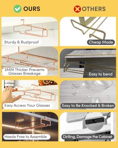 2 Pack Under Cabinet Wine Glass Rack Rose Gold Wine Glass Holder Stemware Rack Hanger Kitchen Hanging Storage Rack Organizer (2 Count)