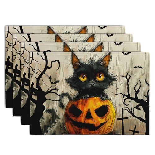 Halloween Black Cat Pumpkin 12x18 Placemats Set of 4 Happy Halloween Bat Branch Linen Table Place Mat Seasonal Fall Washable Heat Resistant Non Slip Table Placemats for Party Kitchen Dining Decor (4 Count)