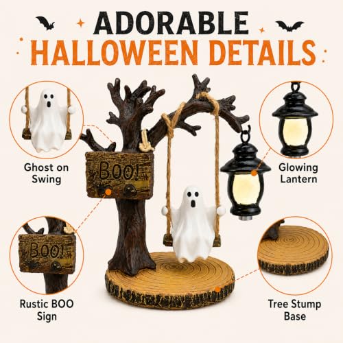 Halloween Hanging Ghost Decoration Swinging Ghost Ornament with Lantern and Boo Sign Rustic Tree Decor Spooky Halloween Party Prop for Home Room Office Porch Garden Seasonal Decoration