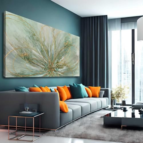 Abstract Wall Art Green and Gold Hand Painted Oil Painting Blossom Botanical Large Picture for Living Room Bedroom Kitchen Office 30x60 Inch