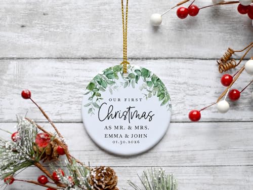 Personalized Our First Christmas As Mr. & Mrs. 2026 Christmas Ornaments Greenery 2.8" Round Porcelain Ceramic 1st Year Married Custom Ornament Keepsake for Newlyweds 1