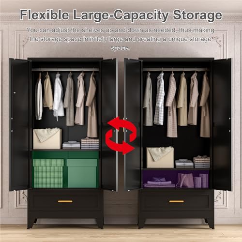 71'' Black Farmhouse Metal Wardrobe Cabinet with Hanging Rod
