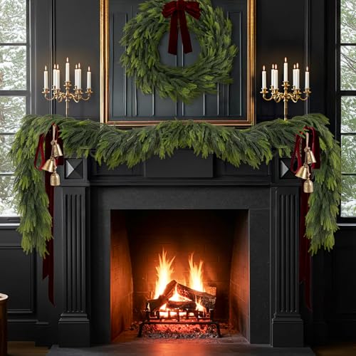 9FT Christmas Norfolk Pine Garland Real Touch Artificial Greenery Garlands Faux Winter Garland for Mantle Fireplace Table Stair Front Door Indoor Outdoor Holiday Xmas Decorations