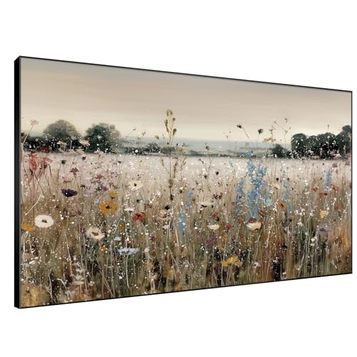 46"x72" Extra Large Framed Wall Art Wildflower Meadow Landscape Soft Pastel Field Illustration for Home Living Room Bedroom Decor