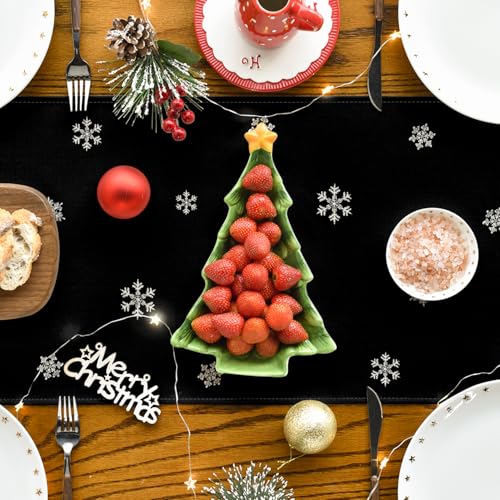 Xmas Trees Snowflakes Black Merry Christmas Table Runner