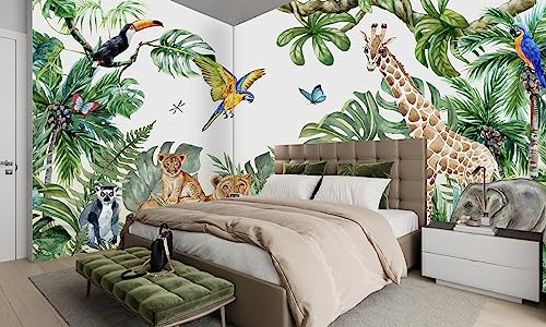 Safari Wallpaper for Children with Animals Jungle Wall Mural Watercolor Animals Nursery Wallpaper Kids Room Decor (120.66 Sq Ft)