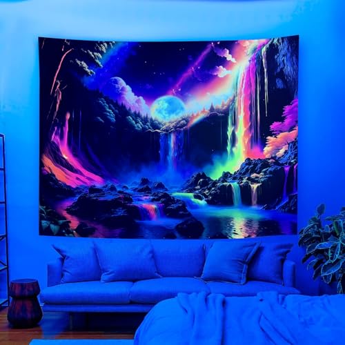 Blacklight Rainbow Waterfall Tapestry 79"x59" UV Reactive Trippy Wall Hanging Rainbow Aesthetic Waterfall Wall Posters Bedroom Spiritual Room Decor