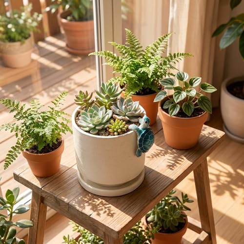 Ceramic Plant Pot with Resin Climbing Tortoise Figure