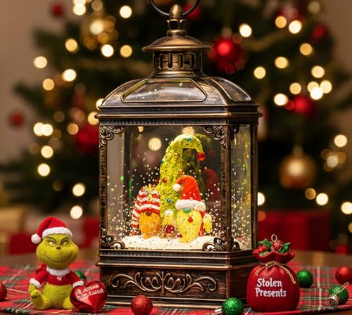 Christmas Snow Globe Lantern Water Glittering Gnomes Scandinavian Santa Elf with Whimsical Christmas Tree