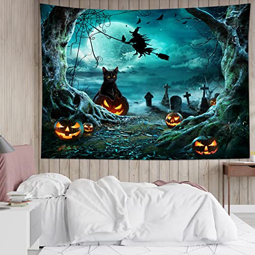 Halloween Pumpkin Tapestry Creepy Black Cat Witch Dead Tree in Spooky Graveyard Full Moon Night Halloween Wall Hanging for Bedroom Living Room Dorm Holiday Party Decor 48x36 Inch