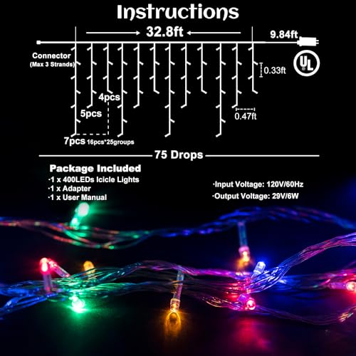 Colored Christmas Lights 400LED Icicle Lights for Outside 33ft String Light