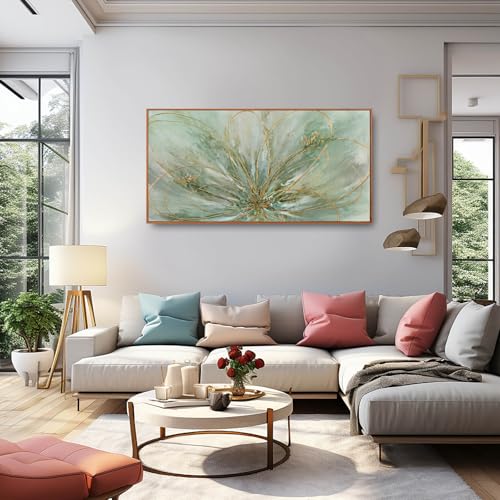 Green Abstract Canvas Artwork Flowers Wall Decor for Office Line Art Painting 24"x 48" Pictures for Bedroom Dining Room Neutral Wall Art