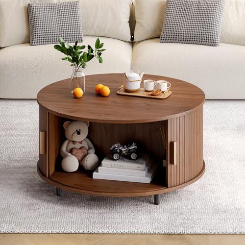31.5" Round Coffee Table with Storage Adjustable Footpads