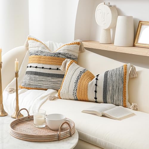Decorative Lumbar Throw Pillow Cover 12x20 Boho Yellow Mustard Accent Cushion for Couch Sofa Farmhouse Pillowcase for Bedroom Living Room Home Décor Cover ONLY