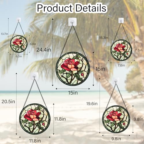 Stained Glass Window Hanging Red Rose Suncatcher Gifts for Women 9.8"