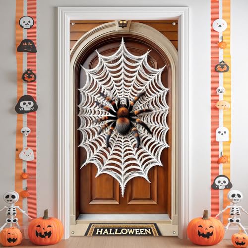Halloween Door Cover Tarantula Spider Web 35x71 Inch Polyester