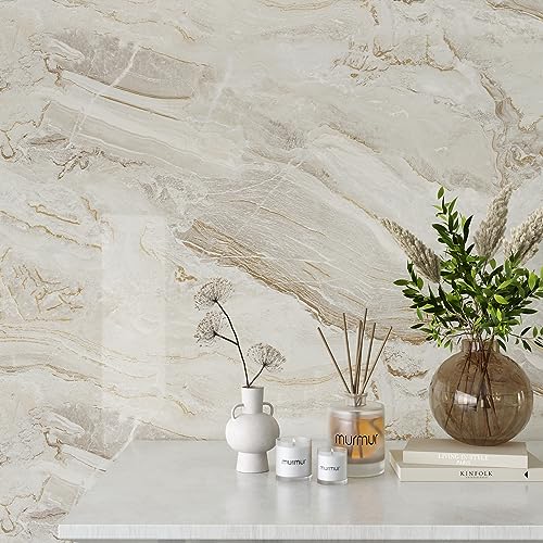 Wide 32''x354'' Beige Gold Marble Contact Paper for Countertops Peel and Stick Waterproof Countertop Vinyl Wallpaper for Kitchen Bathroom Glossy Marble Wallpaper Peel and Stick for Walls Table (79 Sq Ft)