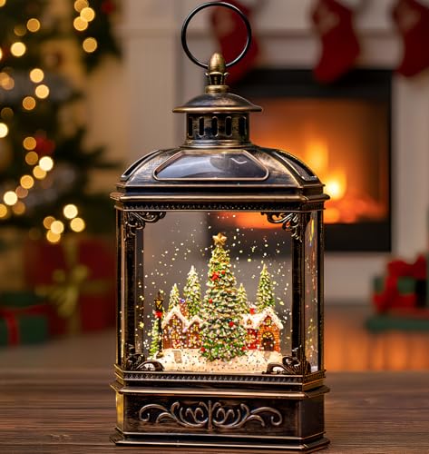Christmas Village Snow Globe Lantern Musical Lighted Village House Water Lantern in Swirling Glitter