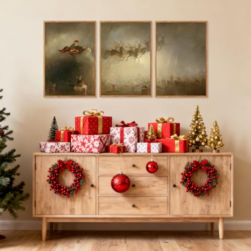 3 Pcs Santa Sleign Rides Framed Canvas Wall Art 16x24 Inch