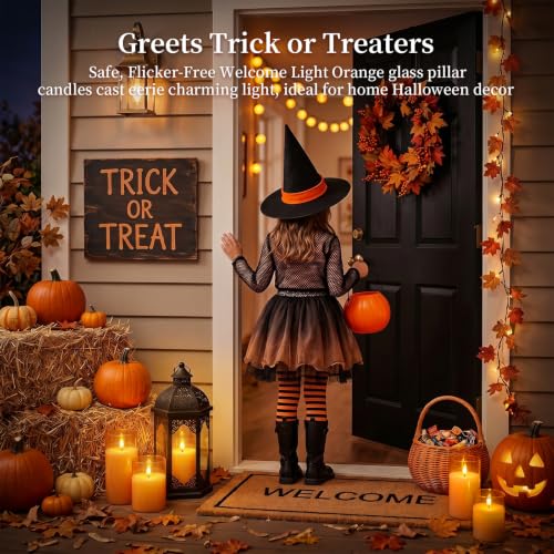 Orange Halloween Glass Flameless LED Pillar Candle with Remote Timer (3 Count)