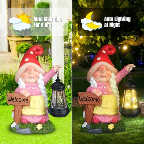 12.4" Solar Garden Gnome Statue with LED Lantern Welcome Sign