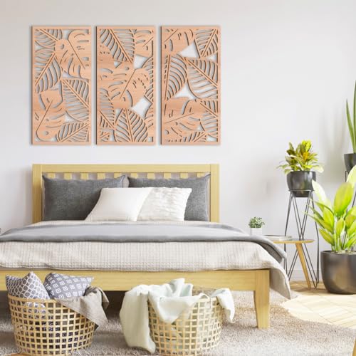 Large Wood Tropical Wall Art 15.9X32 Inch Carved Palm Leaves Wall Decor Coastal Leaf Monstera Plant Wall Sculptures for Living Room Bedroom Set of 3