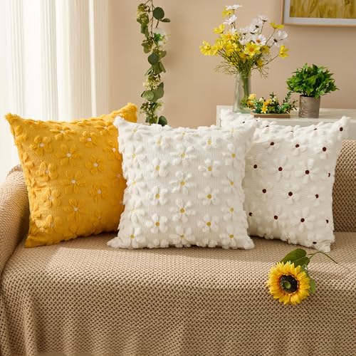Spring Summer Pillow Covers 16x16 inch Set of 2 White Daisy (2 Count)