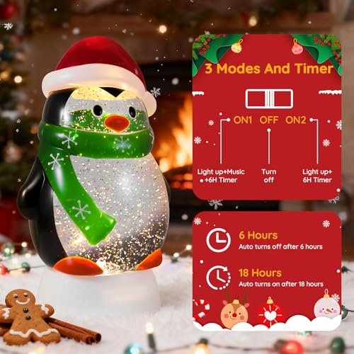 Christmas Snow Globe Penguin Lighted Musical Glitter Globe Battery Operated or USB Powered with Timer Water Glittering Snowing Globe for Christmas Party Home Table Decorations Gifts
