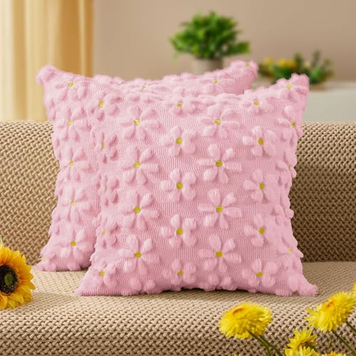 Spring Summer Pillow Covers 18x18 inch Set of 2 Pink Daisy