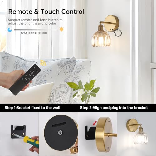 Battery Operated Vintage Wall Sconces with Amber Tulip Glass Lampshade Battery Powered Wall Lighting for Bedside Bedroom Doorway