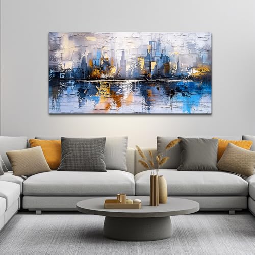 Abstract City Oil Painting Large Home Decor Mural Living Room Bedroom Modern Printed Canvas Wall Art Yellow Blue Graffiti Mural Office Corridor Can Be Directly Hung Wall Decor 24 X 48 In