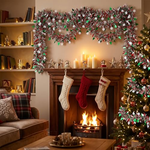 50 Feet Green Red Christmas Metallic Tinsel Twist Hanging Garland with Snowflake Xmas Tree for Home Mantle Xmas Tree Staircase Railing New Year Holiday Party Indoor Outdoor Decorations (50 Foot)