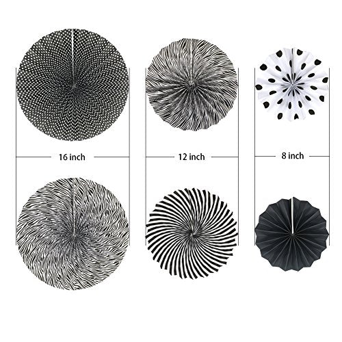 6 Pack Black Round Hanging Paper Fans Party Decorations