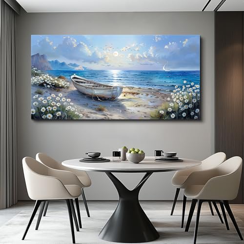 Large Canvas Wall Art For Living Room Wall Decor For Bedroom Office White Flower Seaside Landscape Printing Painting Restaurant Home Decorations Mural Poster Artwork Ready To Hang 30"X60"