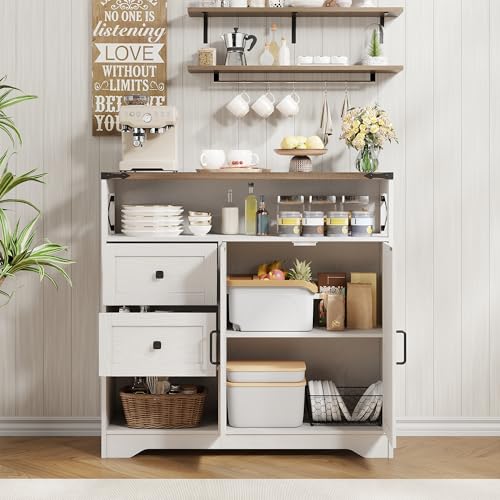 Farmhouse Buffet Sideboard Cabinet with 2 Drawers and Open Shelf